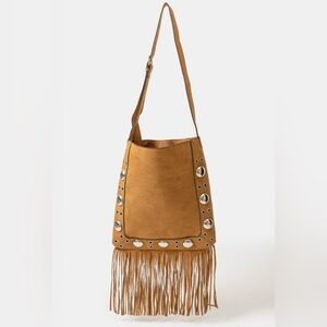 Boho Black Fringe Shoulder Bag with Silver Accents & Internal Zip Pocket